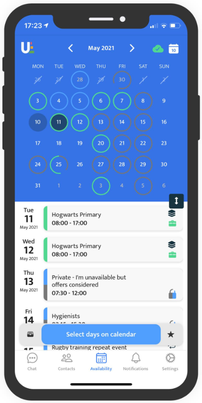Supply Workers Example Schedule on Ed Tech Mobile app
